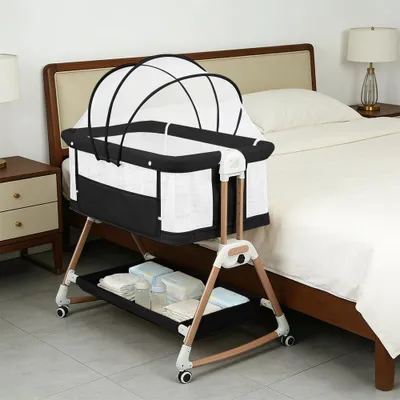 Produktbild von 3 in 1 Beistellbett,Babywiege,Reisebett Baby mit Matratze,6-stufig Höhenverstellbares Babybett, neigbar,für Baby bis 12 Monaten 90x60x90-115cm Schwarz