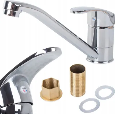 A collage of a kitchen faucet and its components.