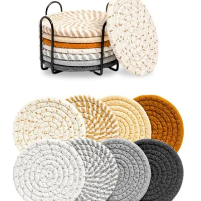 Productafbeelding van Stijlvolle set van 8 onderzetters – Rond en hittebestendig – Antislip glazen onderzetters met houder – Design onderzetters, ideaal als cadeau