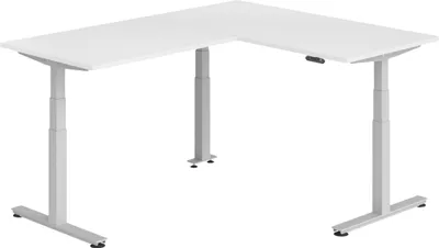 Produktbild von bümö Eckschreibtisch elektrisch höhenverstellbar L-Form - Nachbildung: Weiß, Gestell: Silber, Größe: Eckschreibtisch 160 x 200 cm