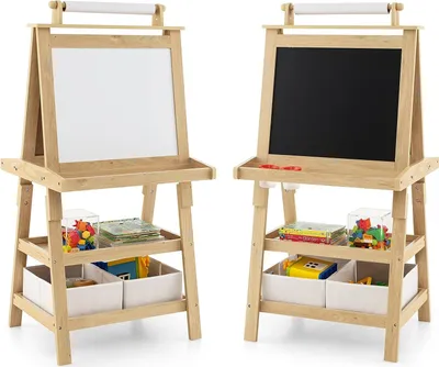 Produktbild von doppelseitige Kinder Staffelei aus Holz, Kinderstaffelei mit Ablage, Kindertafel mit Papierrolle Whiteboard und Kreidetafel, inkl. 2 Stoffboxen (Natur)