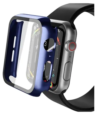 A protective case for an Apple Watch is shown being placed onto the watch.