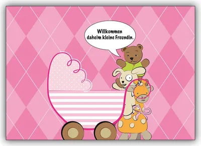 Produktbild von Schöne rosa Babykarte mit Kinderwagen: Willkommen daheim