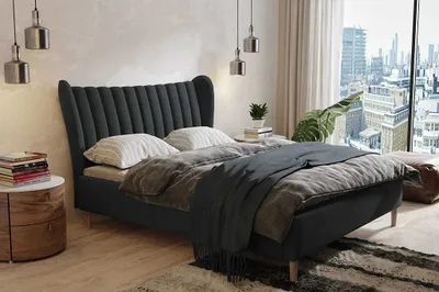 Produktbild von AGMAT Polsterbett OSLO mit Kopfteil, 140 x 200 cm, Doppelbett mit Bettkasten und Lattenrost aus Metall, Velourstoff: Schwarz