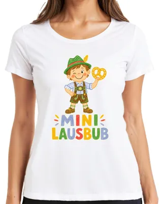 Obrázek produktu pro Mini Lausbub: Tradiční dětské oblečení. Chlapecké: Lederhosen (kožené kalhoty), tradiční tričko. Dívčí: Dirndl (tradiční šaty), dámské tričko, bílá barva, velikost S
