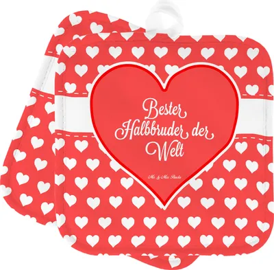 Produktbild von Mr. & Mrs. Panda Topfuntersetzer Halbbruder - Geschenk, Kochlappen, Stief, Herz Liebe Verliebt Dankeschön Geburtstag Bester Beste Bedanken, Ofenlappen, Topflappen, Sohn