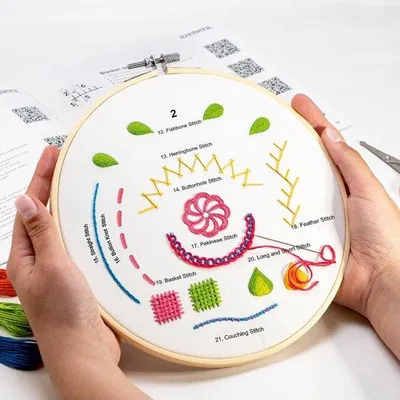 Produktbild von Famanu Stickset für Anfänger mit 33 Stichen, Garn, Rahmen und 4 Stoffen – Set AZA100