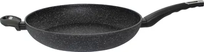 A black frying pan with a speckled granite-like finish and a black handle is shown against a white background.