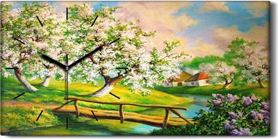 Produktbild von Leinwand Uhr Küche Wohnzimmer Bild 60x30 Gemälde Landschaft Fluss Bäume Blumen - schwarze Hände