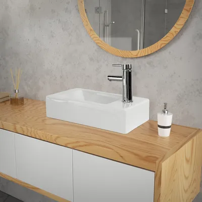 Produktbild von LuxeBath Waschbecken Aufsatzwaschbecken Eckig, 46x26x11 cm, Weiß, aus Keramik, Hahnloch rechts