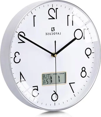 Obrázek produktu pro Unyqoos® Moderní stříbrné nástěnné hodiny, 30 cm – analogové hodiny s HD LCD kalendářem a teploměrem, tichý quartzový mechanismus, zobrazení data, dne v týdnu a teploty, vhodné do kuchyně/obývacího pokoje