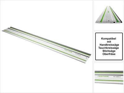 A long, silver guide rail with green and gray stripes, presented on a white background. Smaller inset images show the rail from a different angle and a text box listing compatible tools.