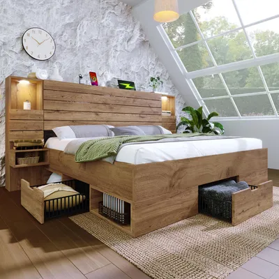 Produktbild von MODFU Doppelbett Bettgestell 160x200 cm mit LED-Downlights und Schubladen,Holzbett mit Stauraum,Holzbett mit USB Type-C,ohne Matratze,Eiche