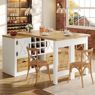 Image de Îlot de cuisine extensible à 360°, table de salle à manger multifonctionnelle avec buffet intégré, table de cuisine extensible de 120 à 197 cm, blanche