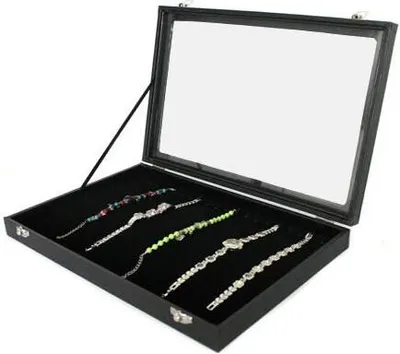 Produktbild von Schmuckkasten Schmucklade Schaukasten Schmuckdisplay  für Ketten Armbänder mit Glasdeckel schwarz
