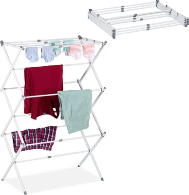 Image de Séchoir à linge pliable Relaxdays, 11 barres sur 6 niveaux, dimensions H x L x P : 105 x 73 x 37 cm, tour à linge extensible, métal, blanc