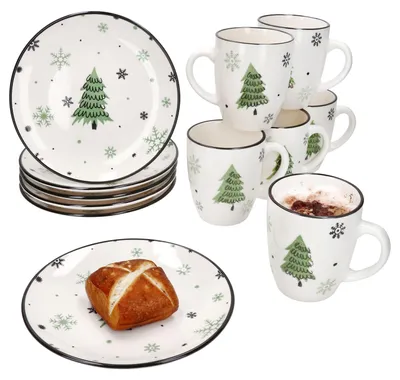 Image de 12pcs Set petit déjeuner Arbre de Noël Faïence 6 personnes Assiettes Gobelets Noël