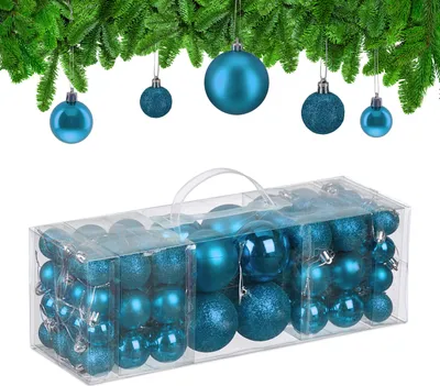 Produktbild von Relaxdays Weihnachtskugeln im 76er Set, Kunststoff, glitzernde, matte, glänzende Baumkugeln, Christbaumschmuck, petrol
