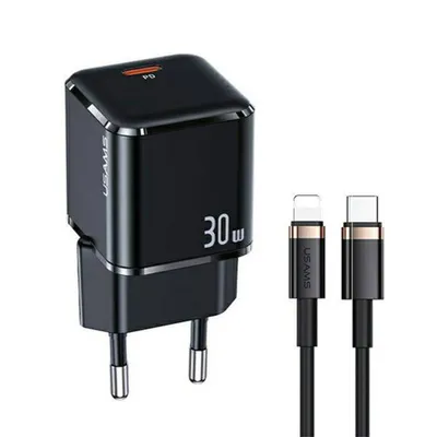 Produktbild von 30 W USAMS Power Delivery USB-C-Wandladegerät Schwarz + USB-C-auf-Lightning-Kabel