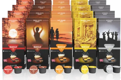 A collection of Martello coffee capsule boxes and loose capsules.