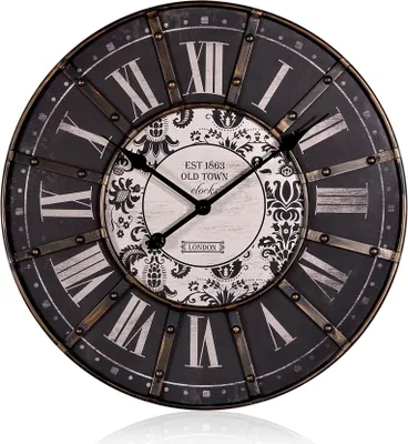 A vintage-style wall clock with Roman numerals.