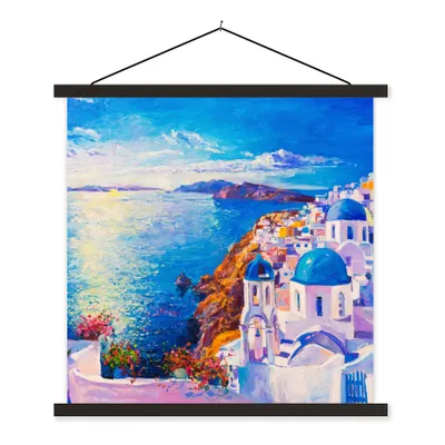 Produktbild von MuchoWow® Textilposter Malerei - Griechenland - Wasser - Öl 90x90 cm mit schwarzem Rahmen - Magnetisches