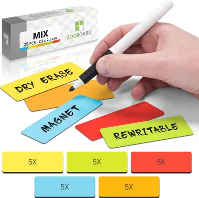 Produktbild von 2DOBOARD Magnetstreifen beschreibbar - 7,5 cm x 2,5 cm Bunt - 25 Stück - Magnet etiketten Wochenplaner, Organizer – Für Whiteboard, Metallschränke und Kühlschränke