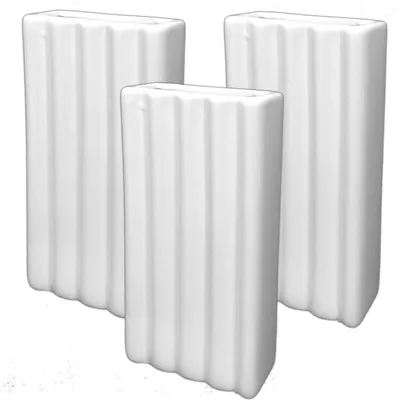 Three white ceramic water evaporators for radiators are arranged in a group against a white background.