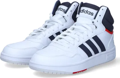 A pair of white Adidas high-top sneakers with navy blue accents.