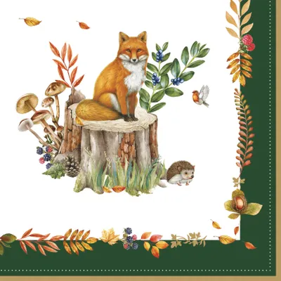 Productafbeelding van 20 servetten, motief "Bosdromen" - bosdieren op een boomstam, afmetingen 33x33 cm