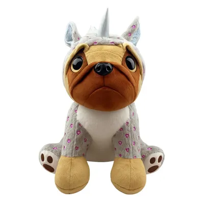 Produktbild von Kuscheltier Mops 38 cm grau im Herz-Kostüm – Weiches Plüschtier Hund Stofftier