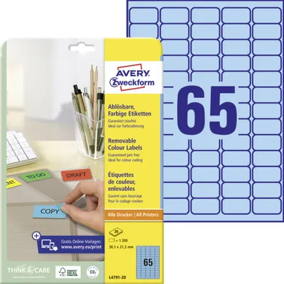 Produktbild von Avery Zweckform L4791-20 Farbige Etiketten, ablösbar, A4, 38,1 x 21,2 mm, 20 Bogen/1.300 Etiketten, blau
