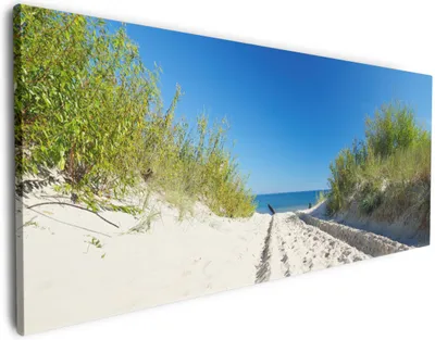 Produktbild von Wallario Premium Leinwandbild Auf dem Sandweg zum Strand - Blauer Himmel über dem Meer in Größe 60 x 150 cm