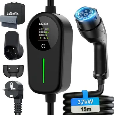 Productafbeelding van EzGoGo Type 2 Laadkabel Schuko 3.68 kW - 15 m - 1-fase - 6-16 A - Draagbare EV Lader met LCD Scherm & IP65 Bescherming - Voor Elektrisch