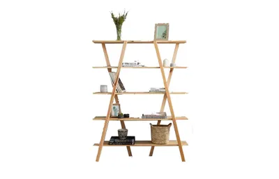 A wooden bookshelf with items on its shelves.