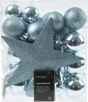 Produktbild von Weihnachtskugeln Kunststoff mit Christbaumstern 33er Set - Eisblau