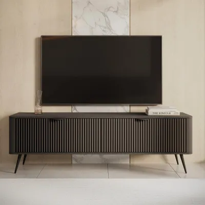 Productafbeelding van Lage TV-kast FLORE, 163 cm, zwart, geribbeld, 2 deuren, modern design