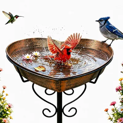 Image de Abreuvoir pour oiseaux en forme de cœur, avec pique à planter, 88 cm, en métal, résistant aux intempéries, pour oiseaux, à poser, distributeur de nourriture, décoration pour l'extérieur