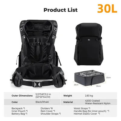 Produktbild von Kamerarucksack Reise - 30L Fotorucksack - Wasserdicht mit Regenschutzhülle - Laptopfach - Für DSLR und Systemkamera - Schwarz