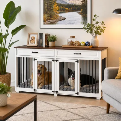 Produktbild von Hundebox für 2 Hunde 164x60x80cm in Möbeloptik, Hundekiste mit 2 Schubladen & Trennwand, stabiler Hundekäfig für mittelgroße/große Hunde, Wohnzimmer