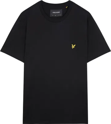 A black t-shirt with a small yellow logo on the chest.