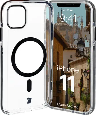 Produktbild von Bizon Case Marco Magnetische Ringhülle für iPhone 11, Transparent mit schwarzem Rahmen