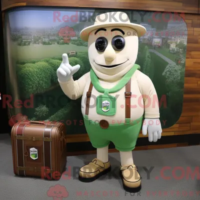 Immagine prodotto di Personaggio mascotte REDBROKOLY di una birra verde panna vestito con pantaloncini e valigetta