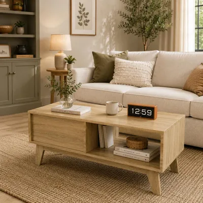 Image de Table basse rectangulaire avec espace de rangement, table de salon avec design de porte coulissante, table d'appoint moderne avec compartiment de rangement ouvert, couleur bois naturel, Image générée par une IA