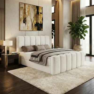 Produktbild von Boxspringbett NOLA 140x200 cm mit Bettkasten inkl. Bonell-Federkernmatratze H3 und Topper – Bouclé-Stoff LAMBI Weiß