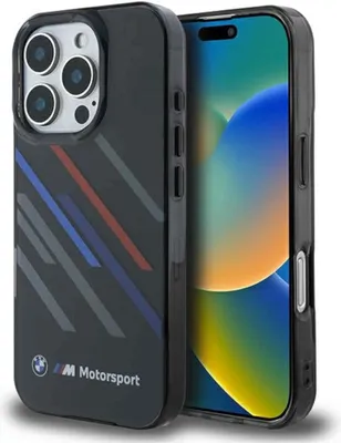 A black iPhone case with BMW Motorsport branding and racing stripes is shown next to an iPhone.