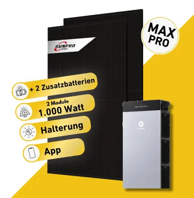 Produktbild von Balkonstrom Balkonkraftwerk 1000W Solaranlage mit Speicher | 2xZusatzspeicher | Ziegeldachhalterung | 2xSolarmodul  |  Hoymiles HiBattery 4020X | Kabel 10m