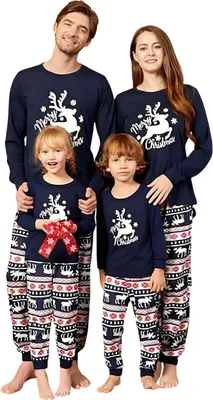 Produktbild von ASKSA Weihnachten Familie Pyjama Set Lange Sleepwear Nachtwaesche aermel Niedlich Elch Druck Rundhal Sausschnitt Plaid Schlafanzug,Dunkelblau,Papa,XXL