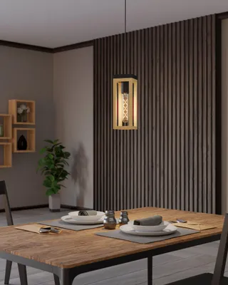 Produktbild von EGLO Hängelampe Nafferton, Pendelleuchte Esstisch 1-flammig, FSCM70HB, Esszimmerlampe aus Holz in Natur und Metall in Schwarz, Hängeleuchte mit E27