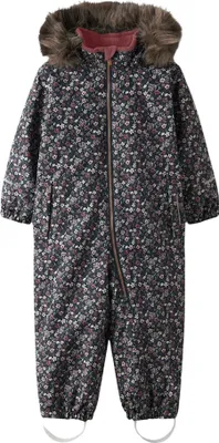 A children's snowsuit with a floral pattern.